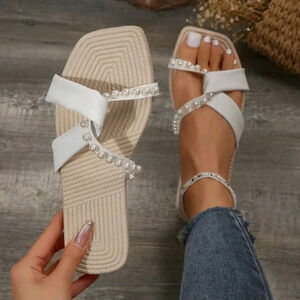 Women's Fashionable And Versatile Casual Flat Sandals With Rhinestone Decoration